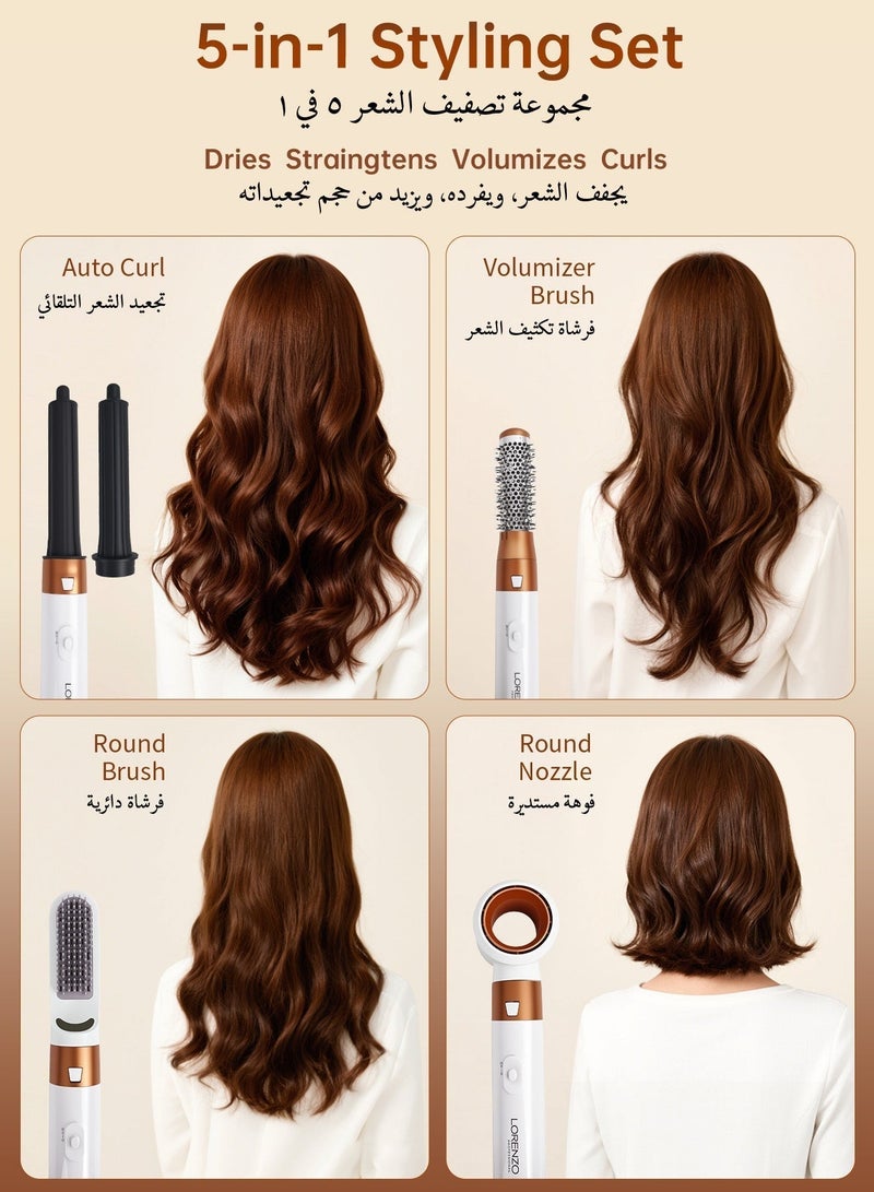 Lorenzo 5 In 1 Hair Dryer Brush Hot Comb Set 1000W Hot Air Hair Curler and Straightener Styling Tool Comb Curling Brush Suitable for Women Hair Types - White Gold - Image 2